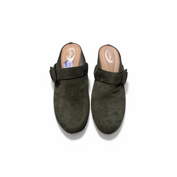 Atalina Shoes - Atalina Women Olive Green Suede Clogs Size 8.5 Wooden Heel Studded Buckle